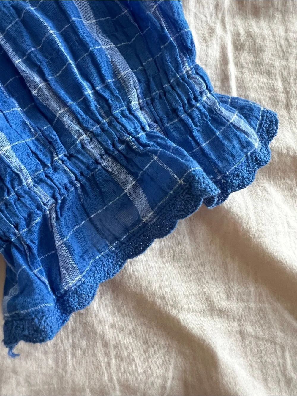 Madewell Blue Plaid Ruffle V-Neck Blouse